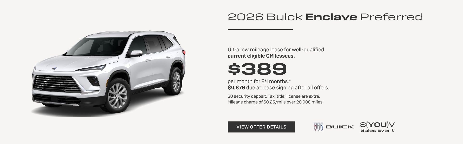 Ultra low mileage lease for well-qualified current eligible GM lessees.

$389 per month for 24 mo...